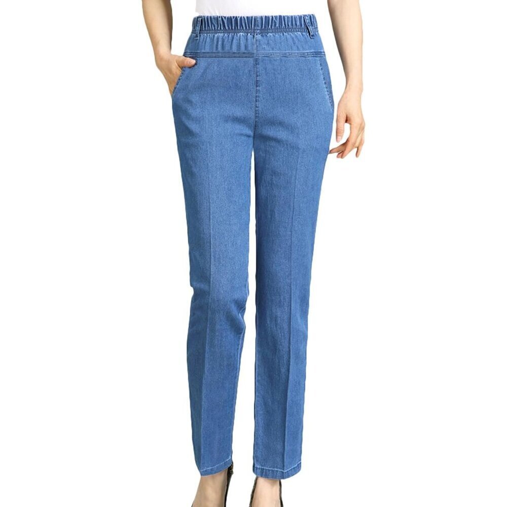Women's Cotton Blend Straight Leg Jeans Elastic Waist Medium Fold-Over